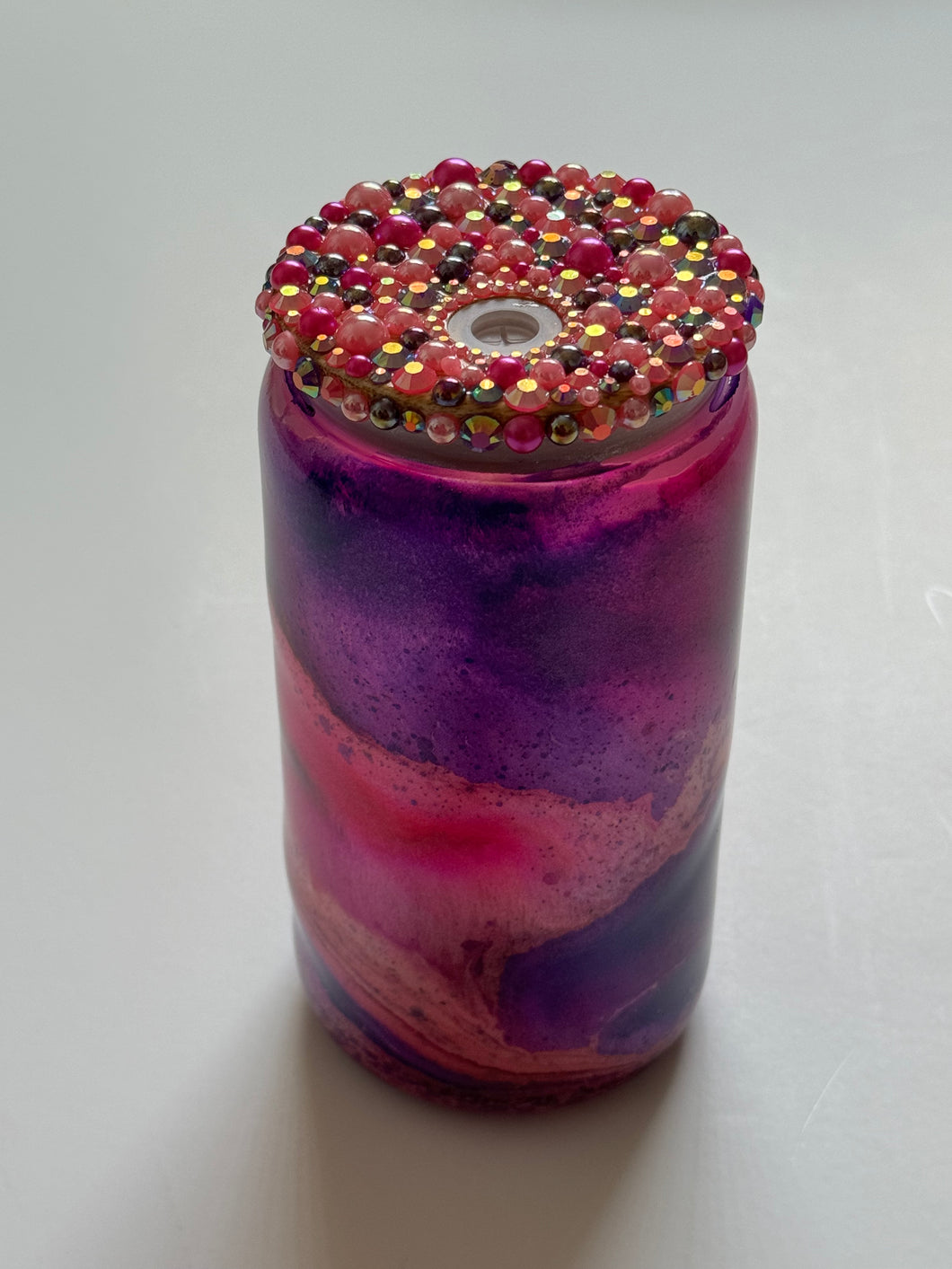 Hot Pink Purple Glass Can with Pearls and Rhinestone Lid