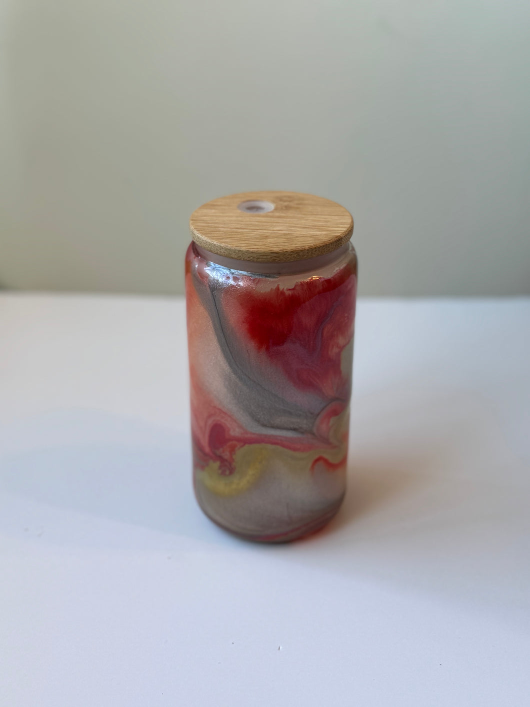 Rust Gold and Silver Glass Can with Bamboo Lid