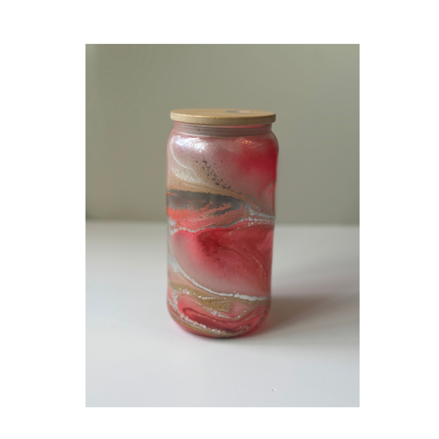 Red Hot Pink Silver and Pearl Swirl with Bamboo Glass Can