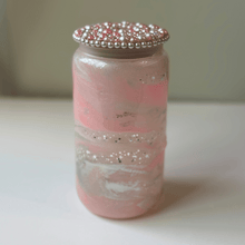 Load image into Gallery viewer, Pearl and Soft Pink with Silver Glitter Swirl Glass Can with Pearls and Rhinestone Lid
